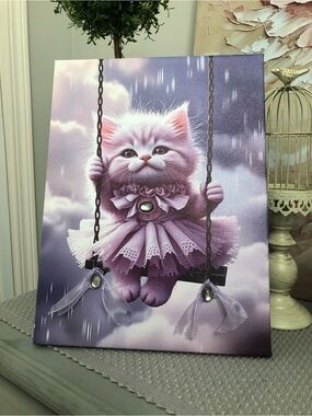 Lavender Kitty Swing Cat Wall Art Print - Pet Decor